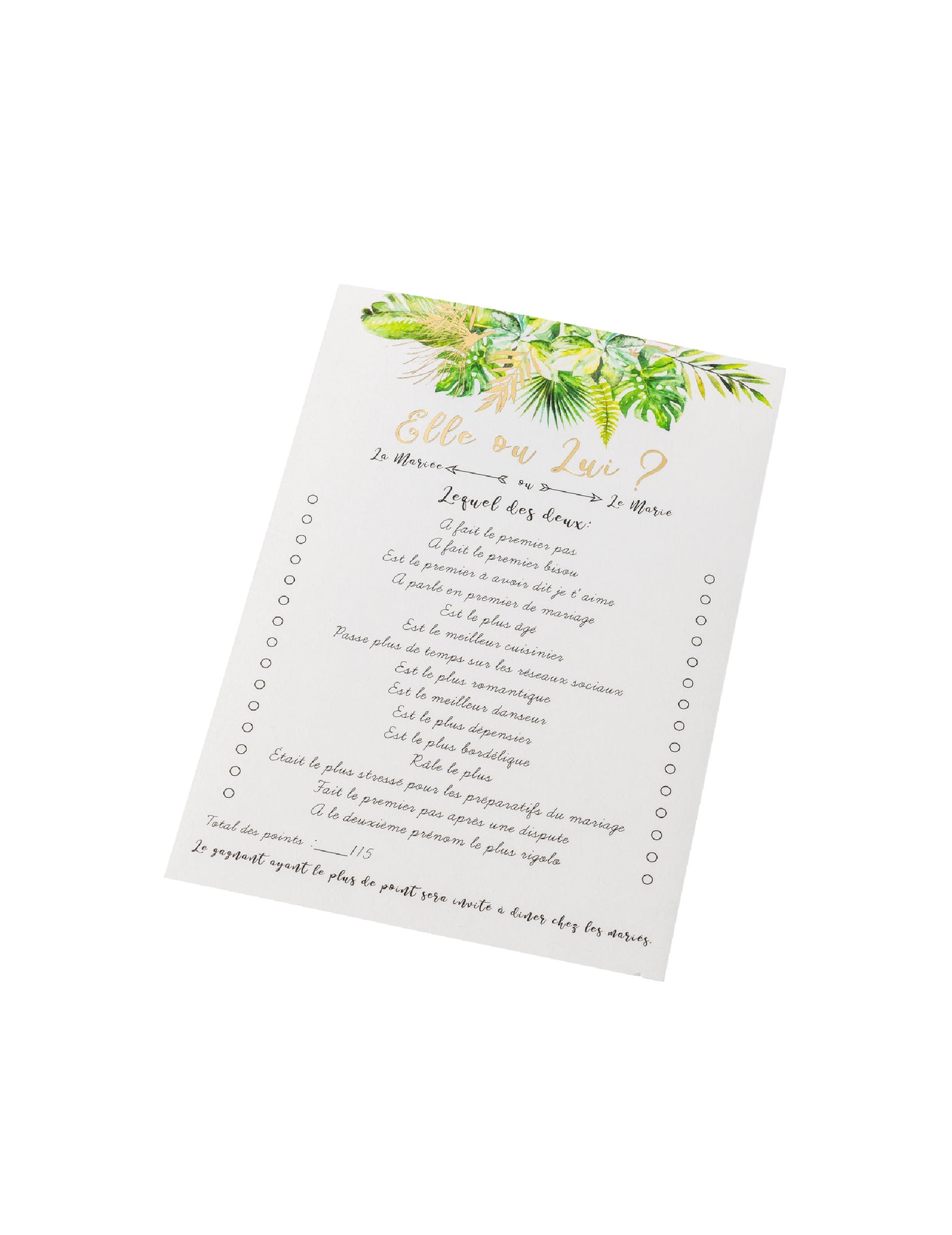 10 cartes de jeu elle ou lui tropical ivoire avec dorure 14 x 20 cm pour animation mariage