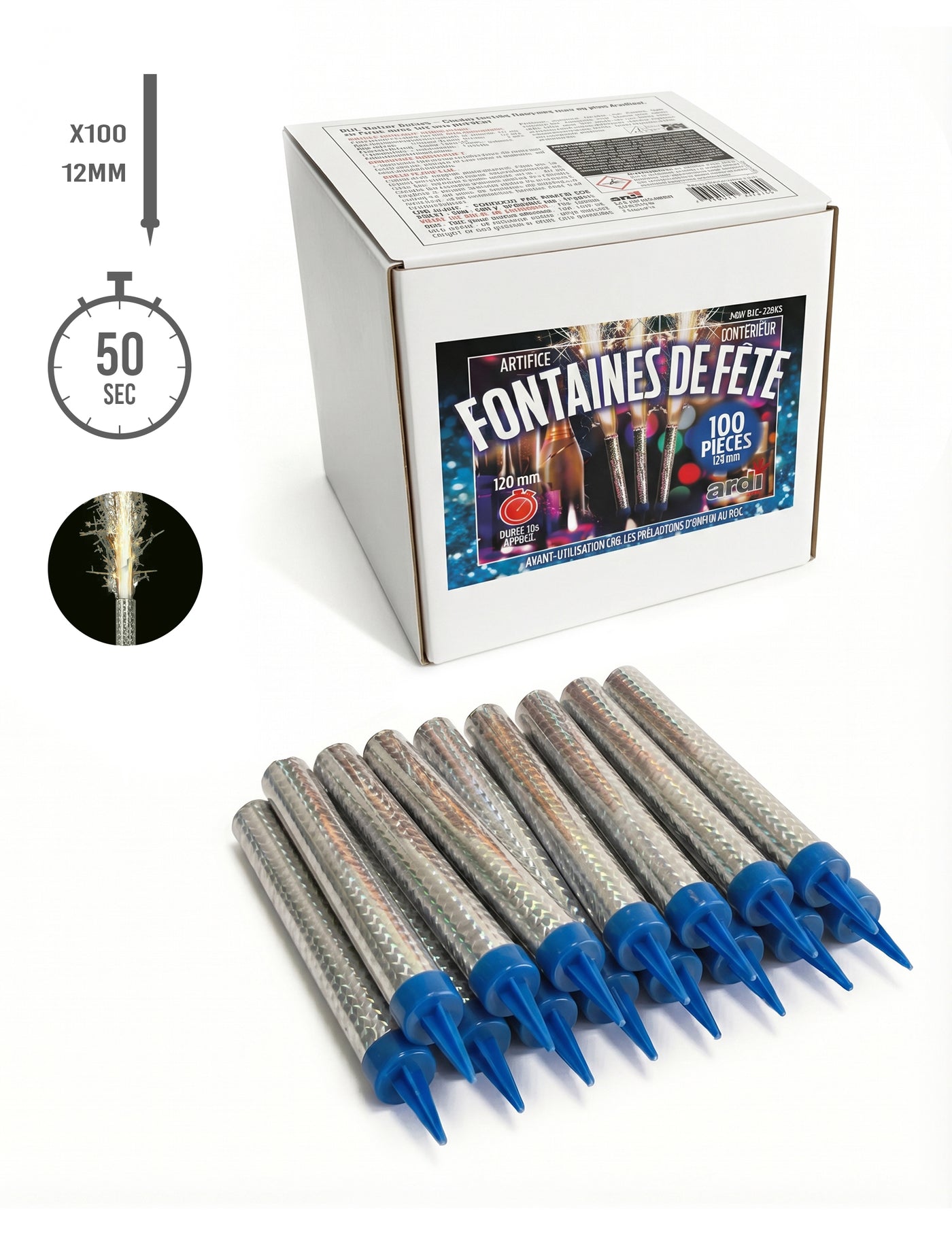 100 Fontaines scintillantes argentées 12 cm 50 sec