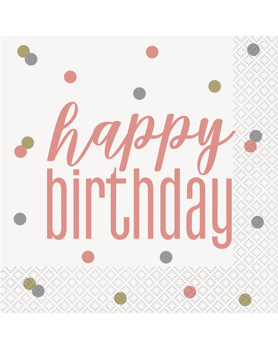 16 Serviettes en papier Happy Birthday blanches et rose gold 33 x 33 cm