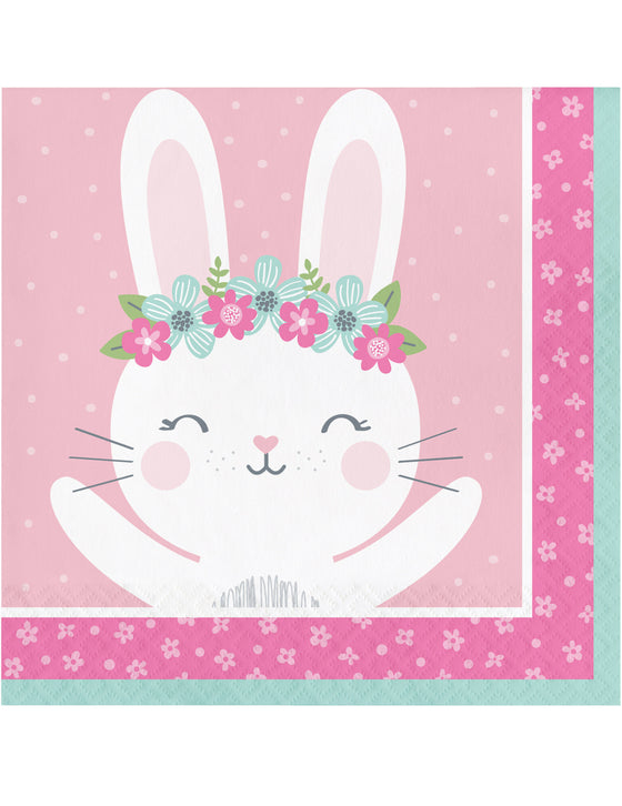 16 serviettes en papier petit lapin roses pour anniversaire 33 x 33 cm