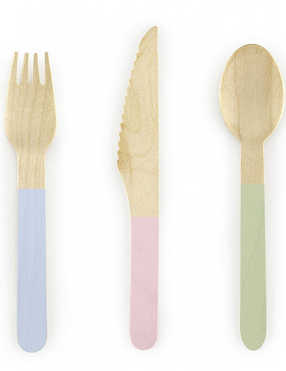 18 Couverts en bois avec manche en couleurs pastels 16 cm
