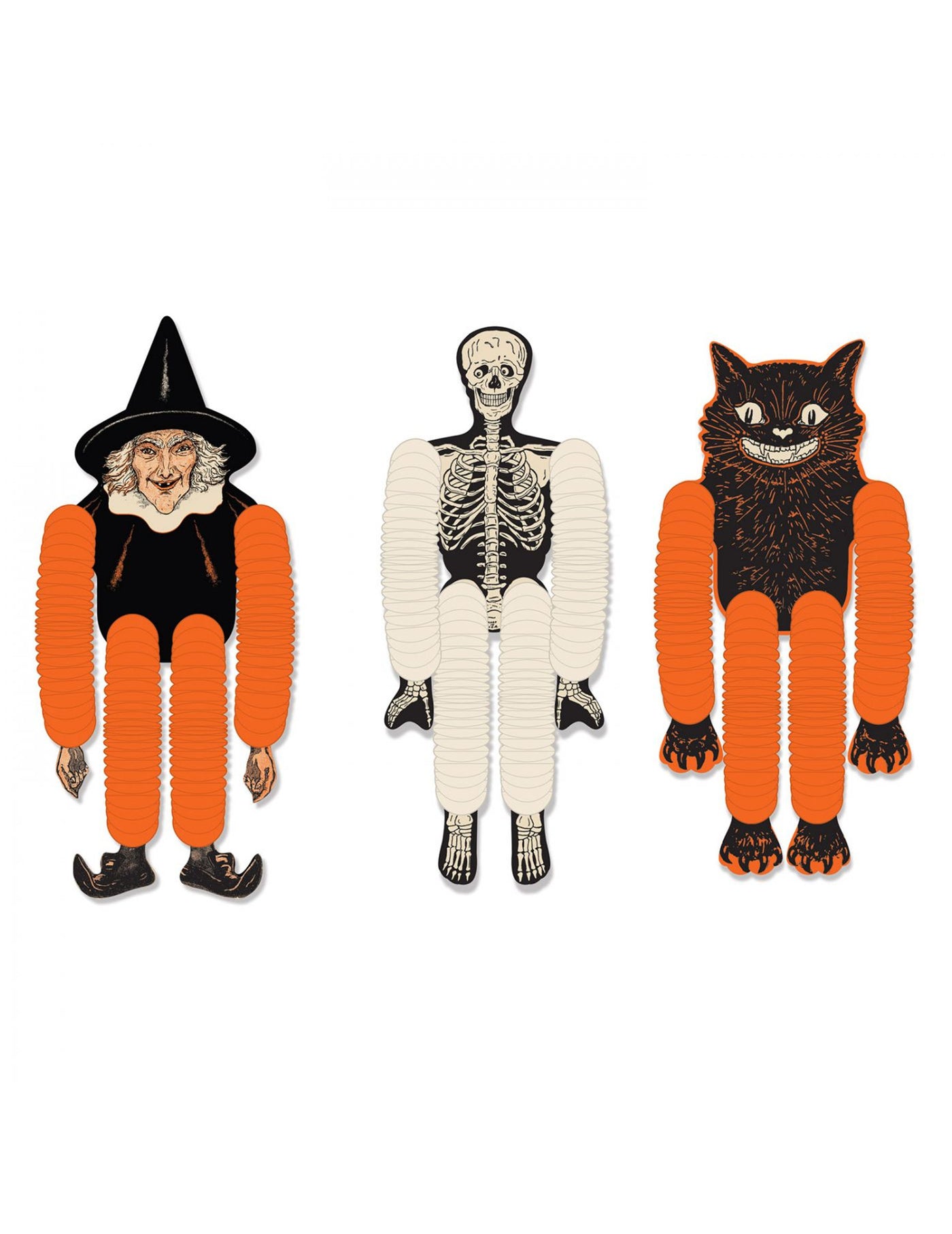 3 pantins en papier à suspendre halloween 35 cm sorcière squelette