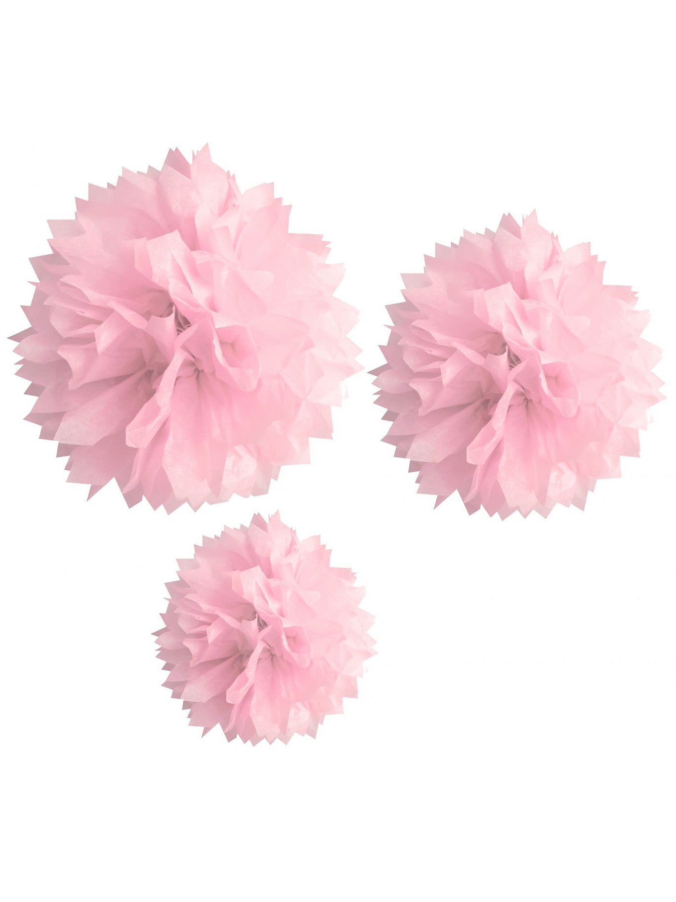 3 Pompons en papier rose 20, 30 et 40 cm