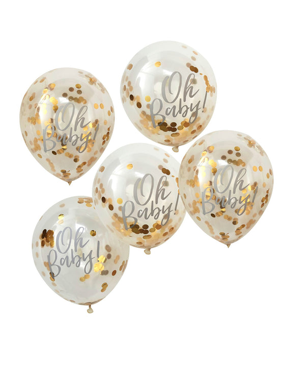 5 ballons oh baby transparents à confettis doré métallisé 30 cm en latex