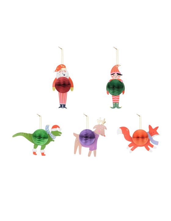 5 décorations de sapin personnages de Noël en papier à suspendre