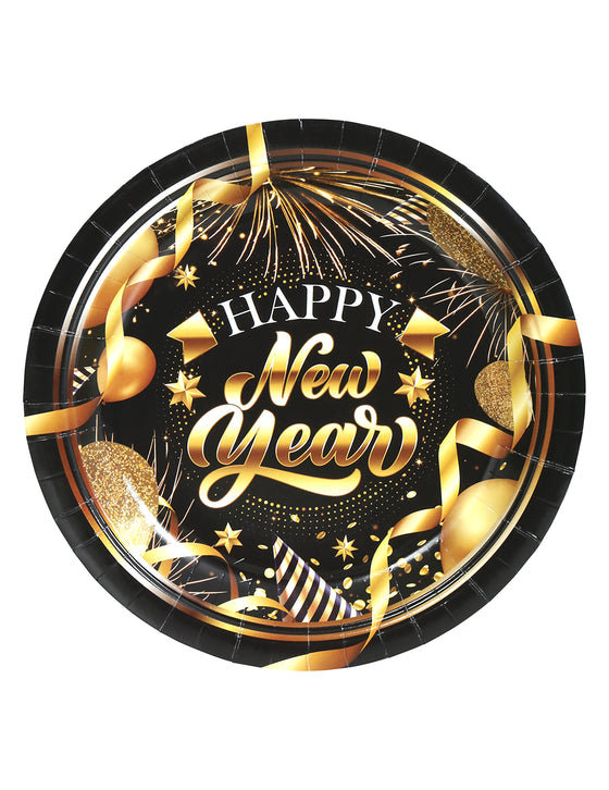 6 Assiettes en carton Happy new year noir et or 23 cm