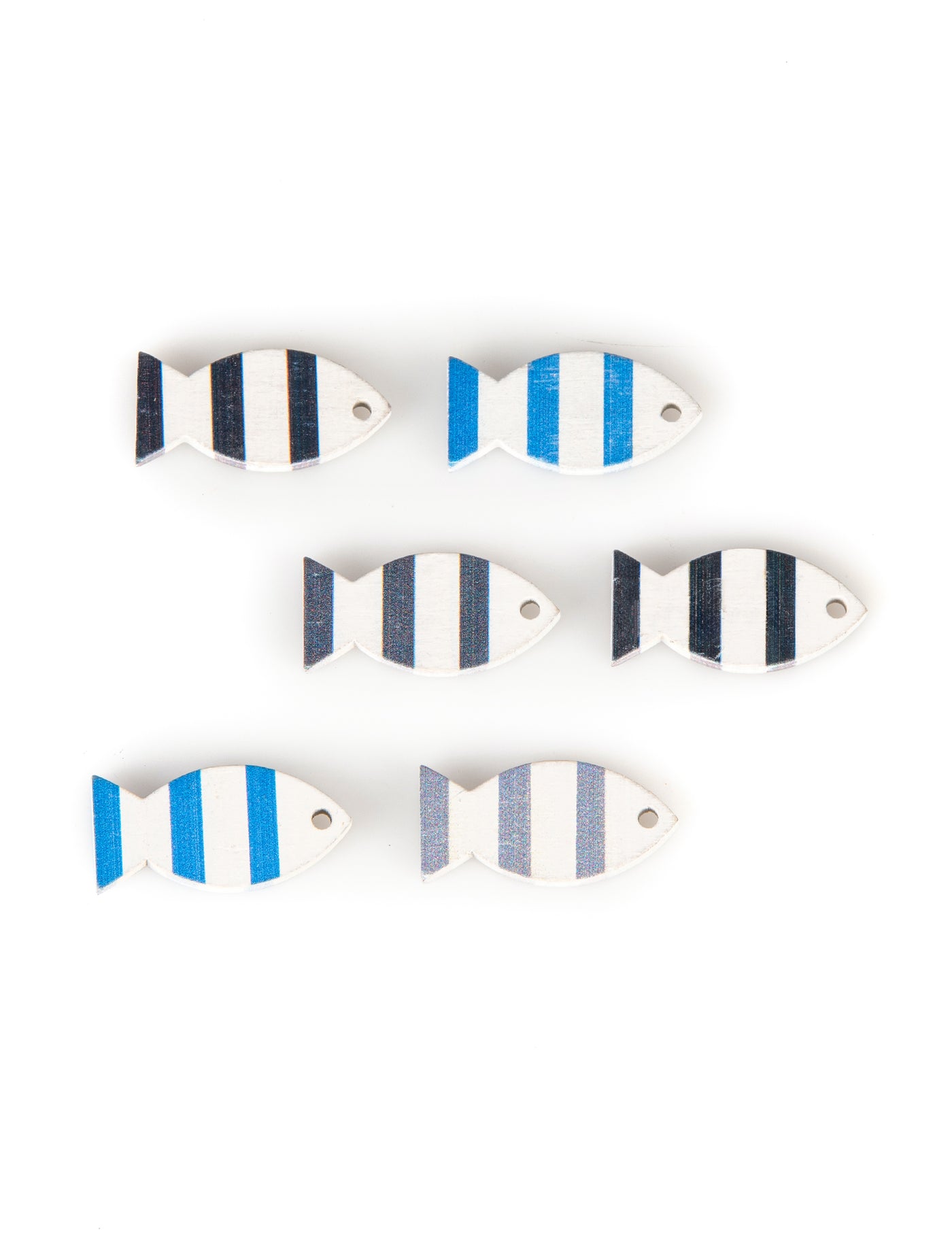 6 poissons en bois décoratifs bleus et gris 3 x 2 cm à suspendre