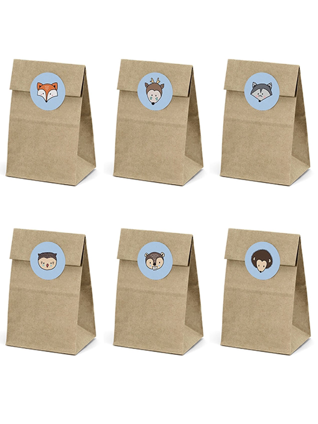 6 sacs en papier kraft et stickers animaux de la forêt