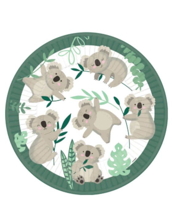 8 assiettes en carton koala 23 cm, décor eucalyptus