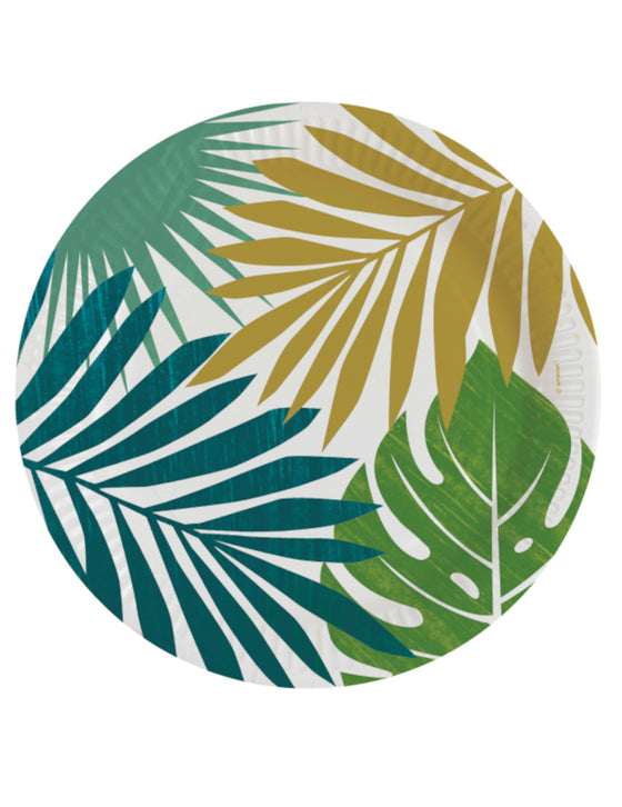 8 assiettes rondes en carton tropical chic 23 cm feuilles dorées