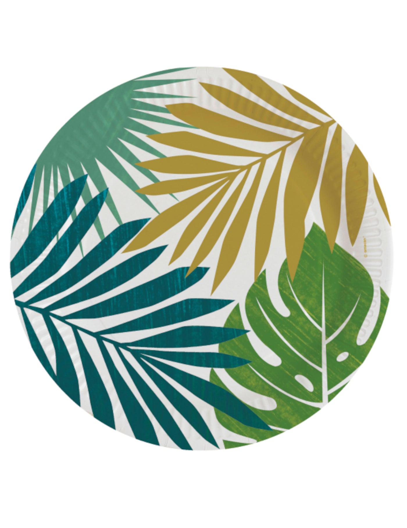 8 assiettes rondes en carton tropical chic 23 cm feuilles dorées
