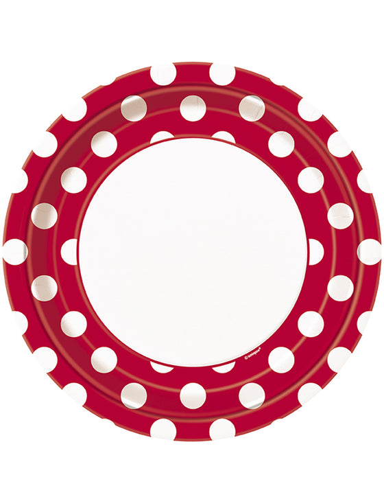8 Assiettes rouges à pois blancs en carton 22 cm