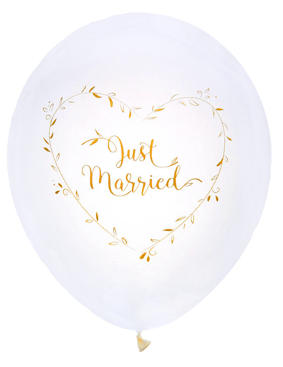8 ballons en latex just married blancs et dorés 23 cm c?ur végétal