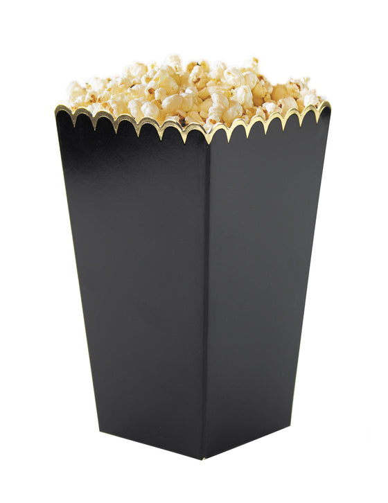 8 boîtes à pop-corn noires et or 12,5 x 7 cm festonnées