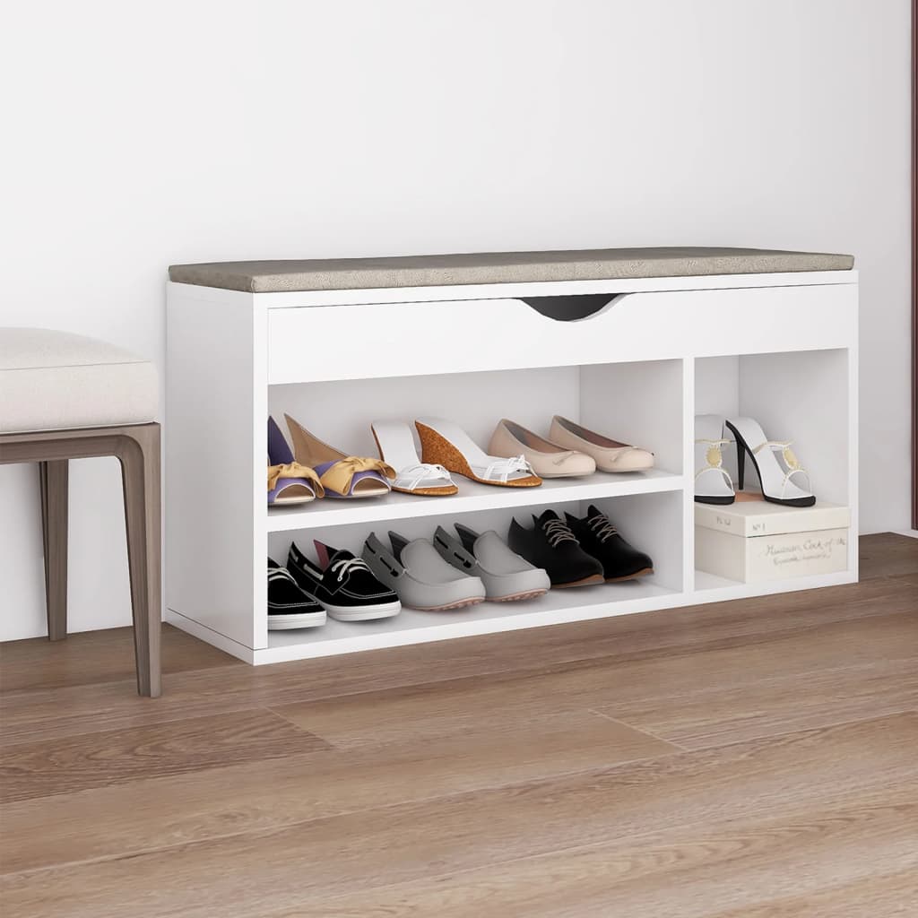 Schoenenbank Met Kussen 104X30X49 Cm Bewerkt Hout Wit