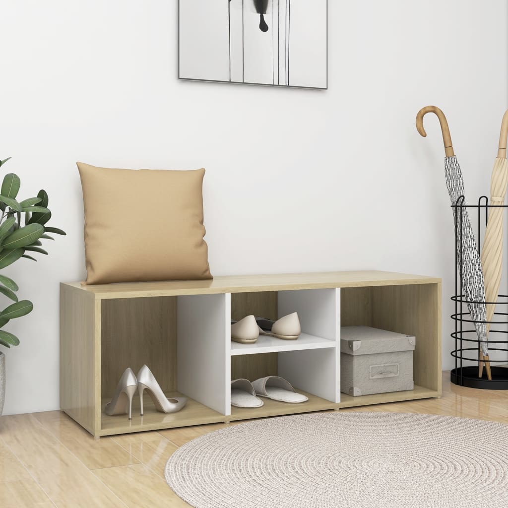 Schoenenopbergbank 105X35X35 Cm Hout Wit En Sonoma Eiken Betongrijs