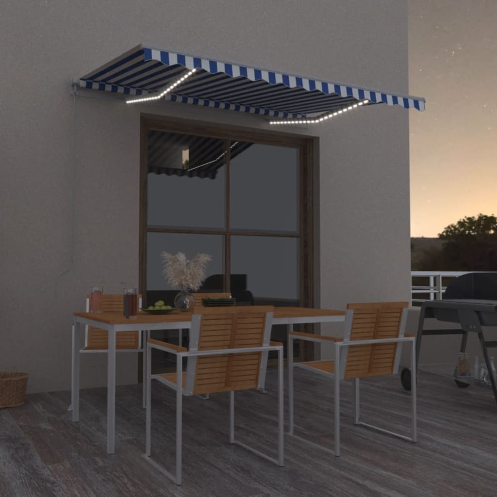 Luifel Handmatig Uittrekbaar Met Led 350X250 Cm Blauw En Wit