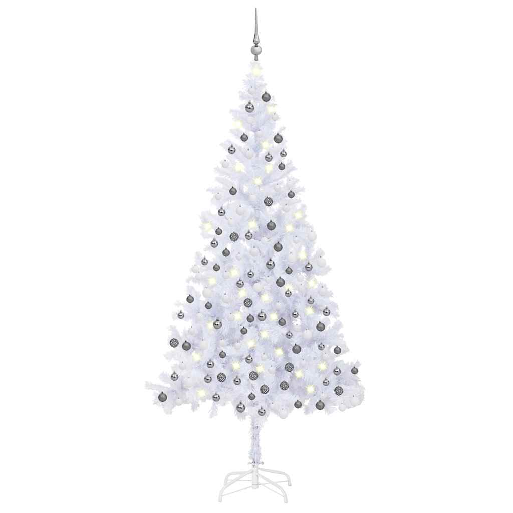 Kunstkerstboom Met Verlichting En Kerstballen 910 Takken 210 Cm Wit En Grijs