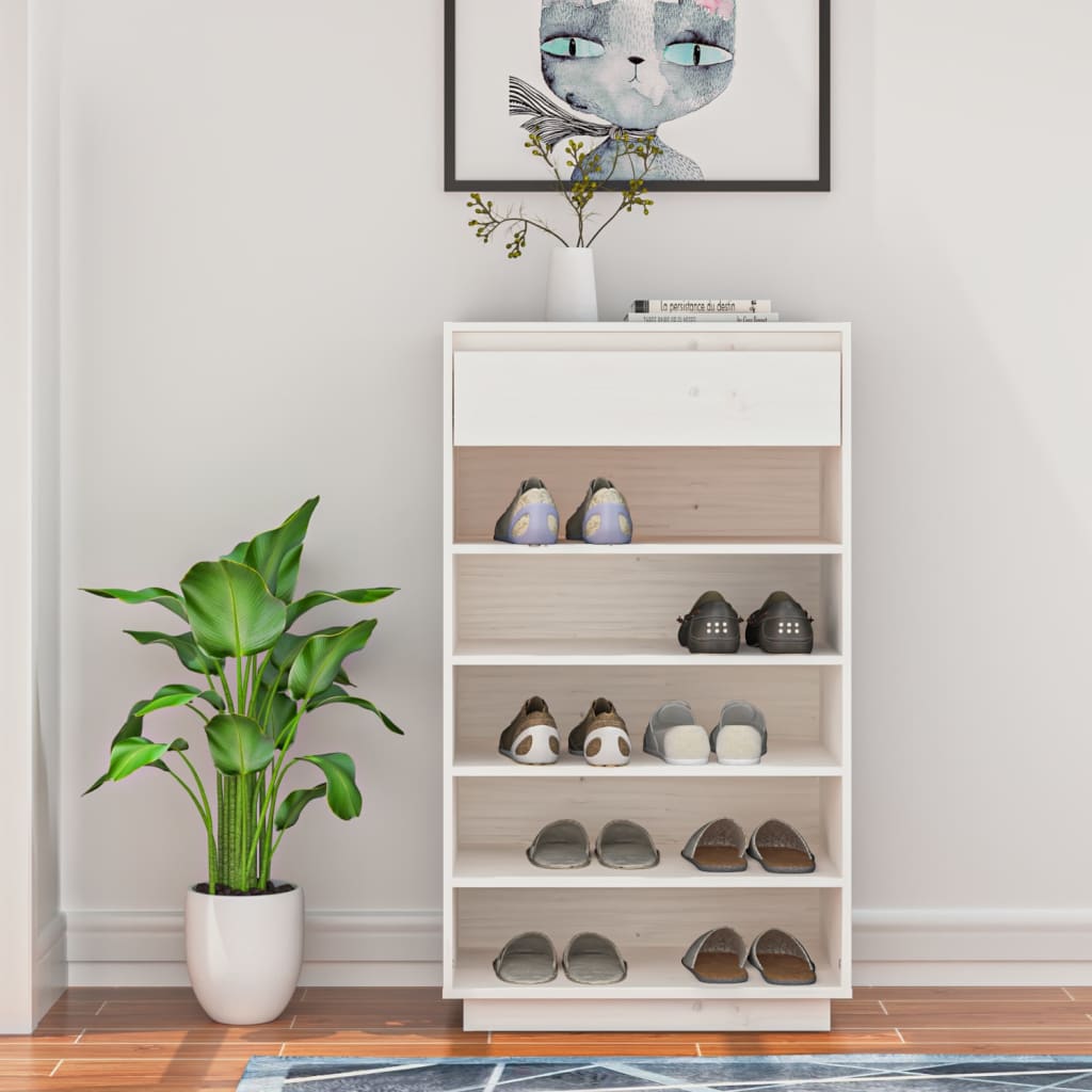 Schoenenkast 60X34X105 Cm Massief Grenenhout Wit