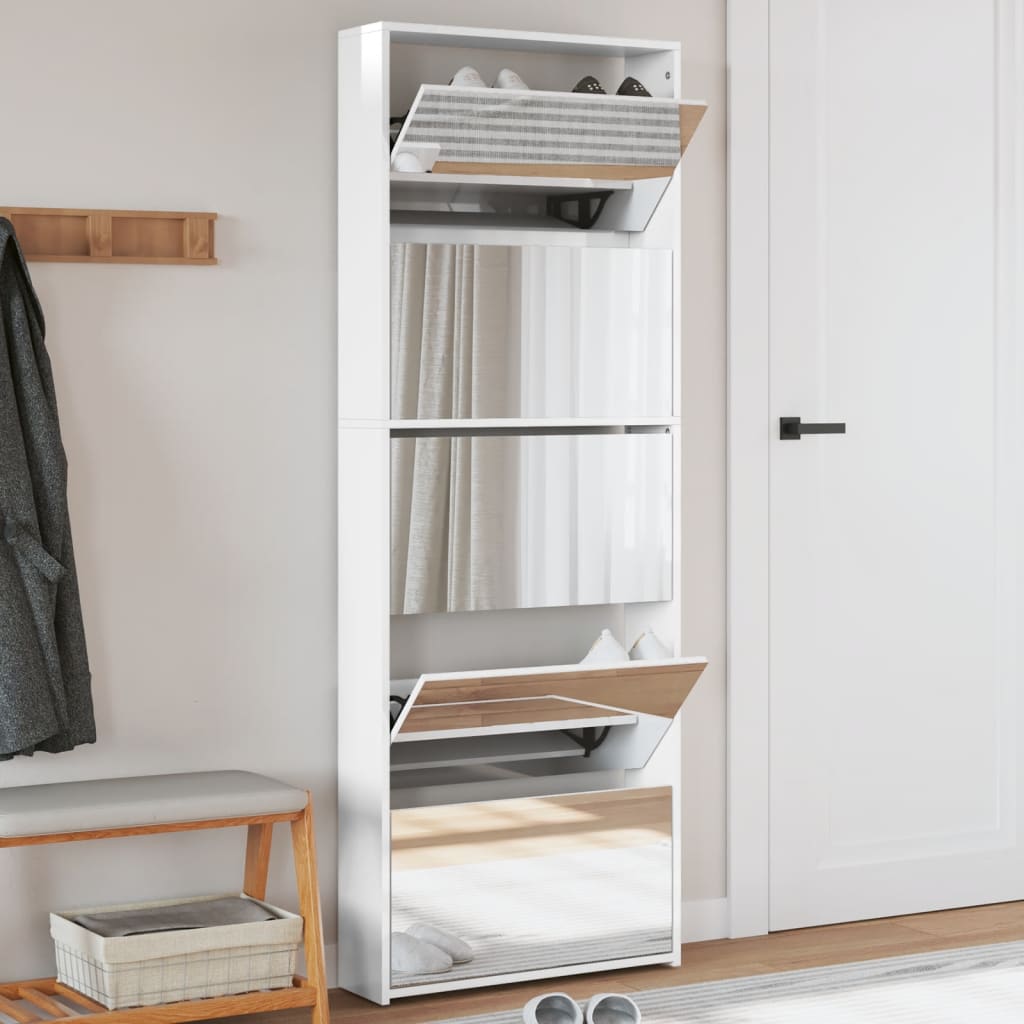 Schoenenkast Met Spiegel 5-Laags 63X17X169,5 Cm Hoogglans Wit