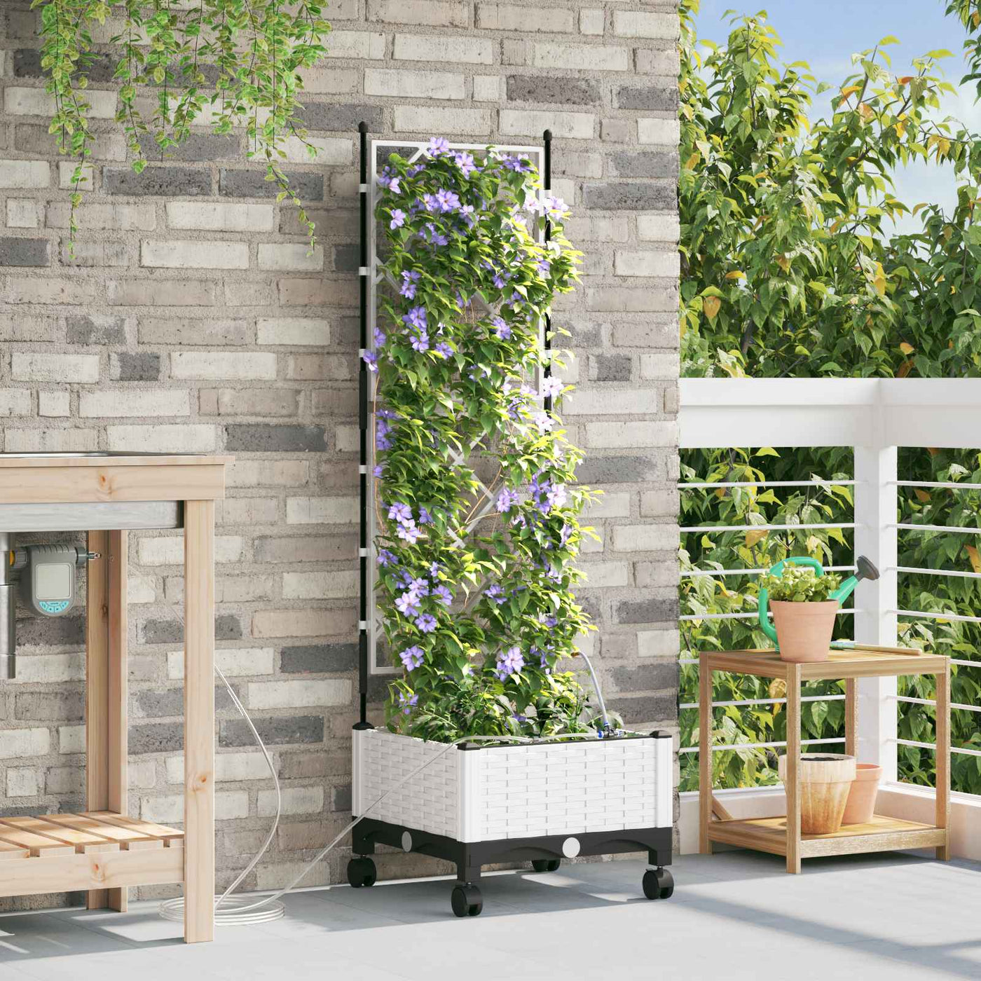 Tuin Plantenbak Met Irrigatie En Wielen 40 X 40 X 132 Cm Pp Wit
