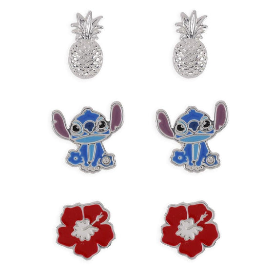 STITCH - Ananas & Fleur - 3 Paires de Clous d'Oreilles - Laiton Plaqué