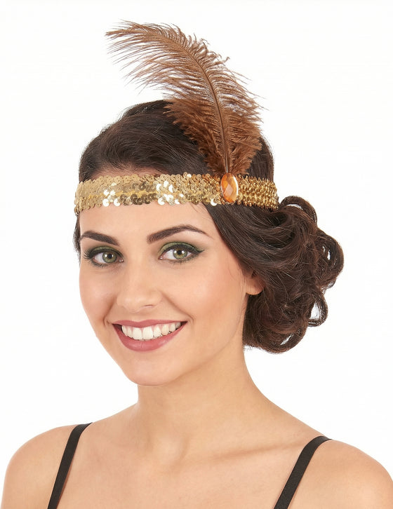 Bandeau Charleston à sequins et plume doré femme