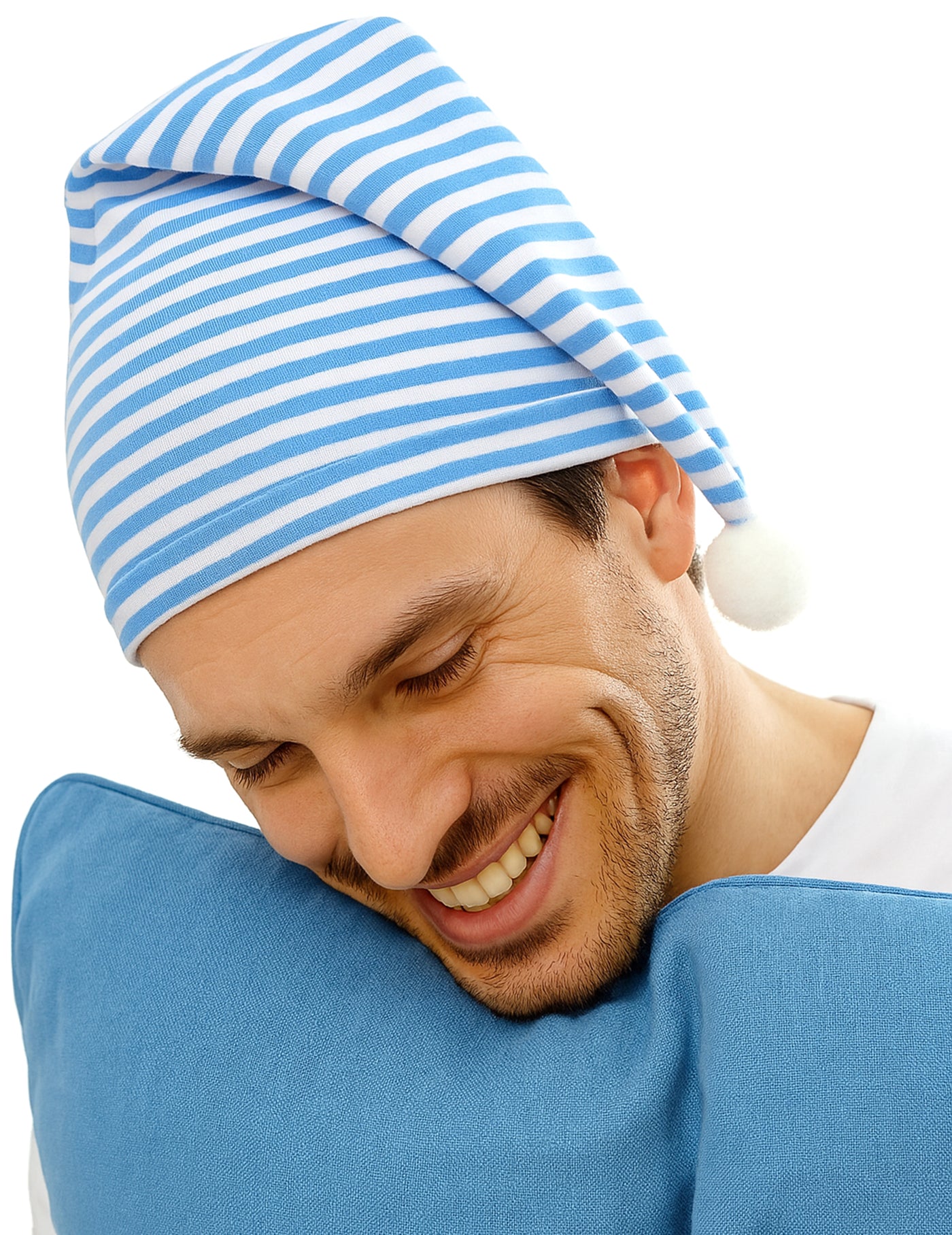 Bonnet bleu et blanc avec pompon adulte