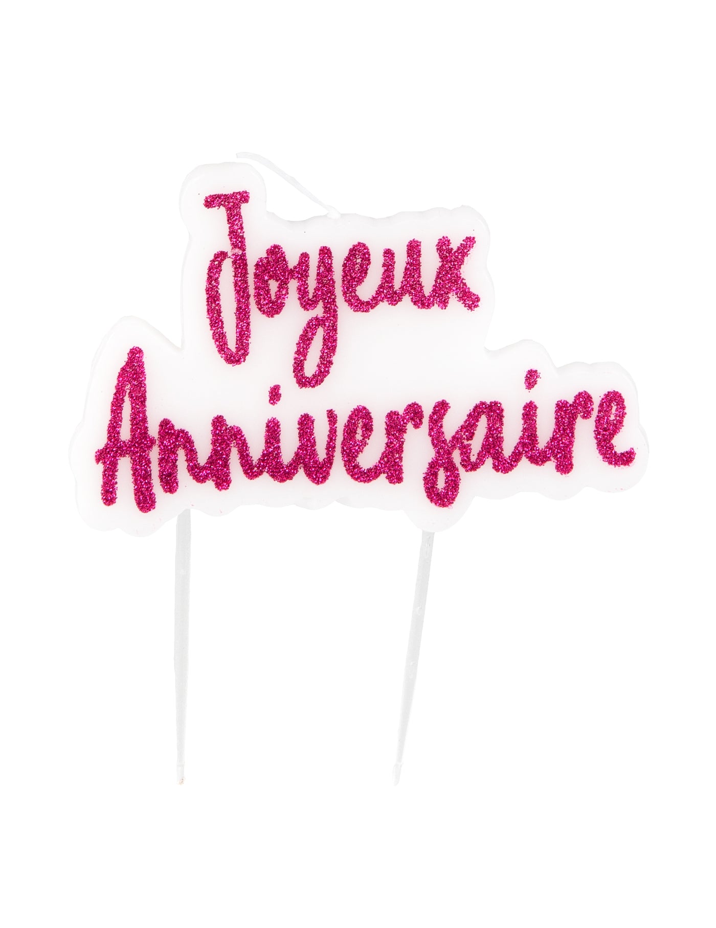 Bougie sur pique joyeux anniversaire fuschia pailletée 8 x 5 cm