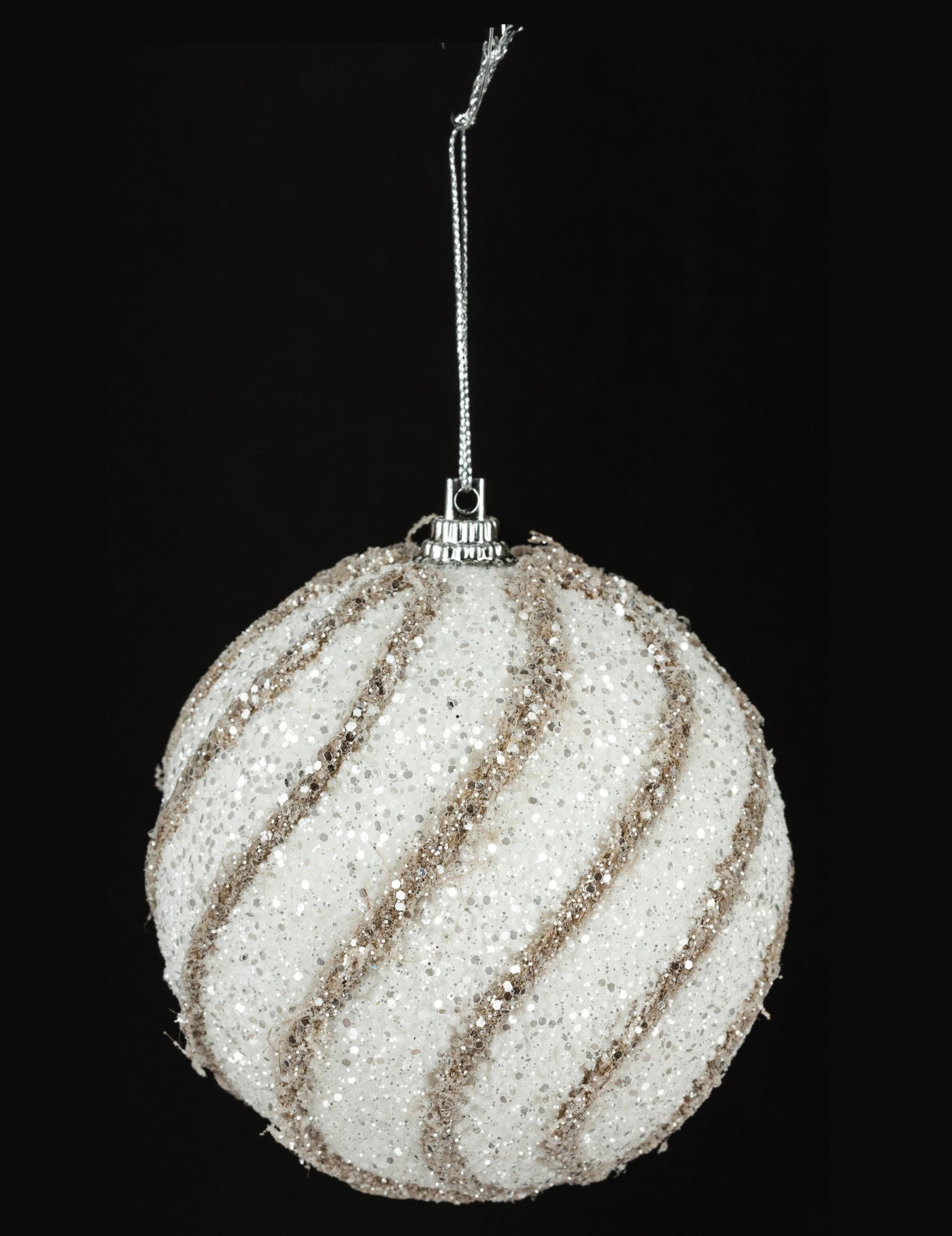 Boule de noël pailletée blanche et dorée 8 cm à spirale