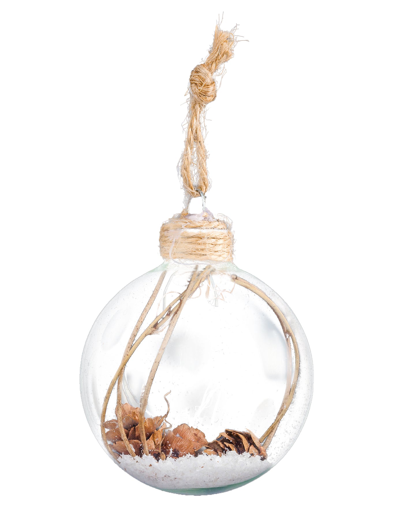 Boule de Noël en verre avec pommes de pin 6 cm et neige