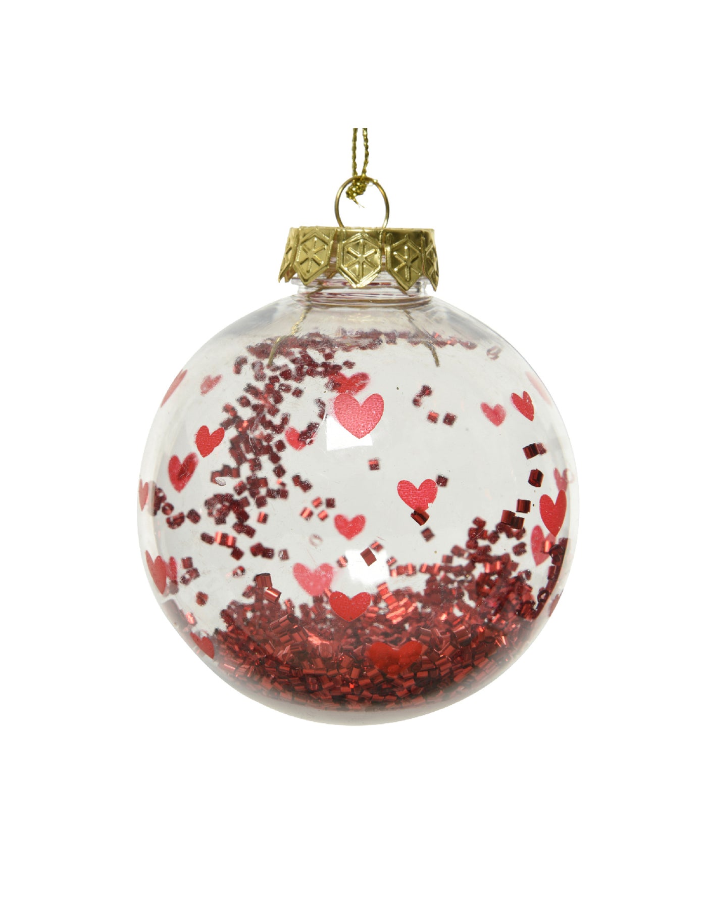 Boule de noël transparente avec c?urs rouges et confettis brillants 8 cm