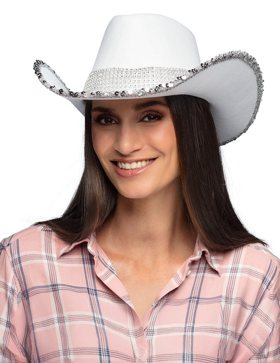 Chapeau de cowboy blanc à strass adulte