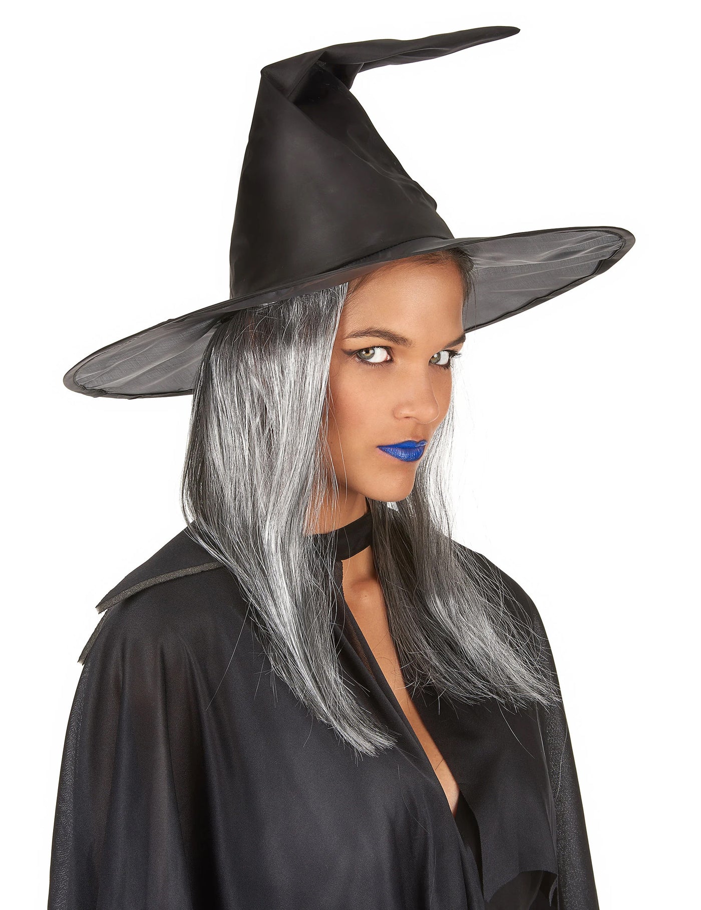 Chapeau sorcière noir avec cheveux gris adulte Halloween