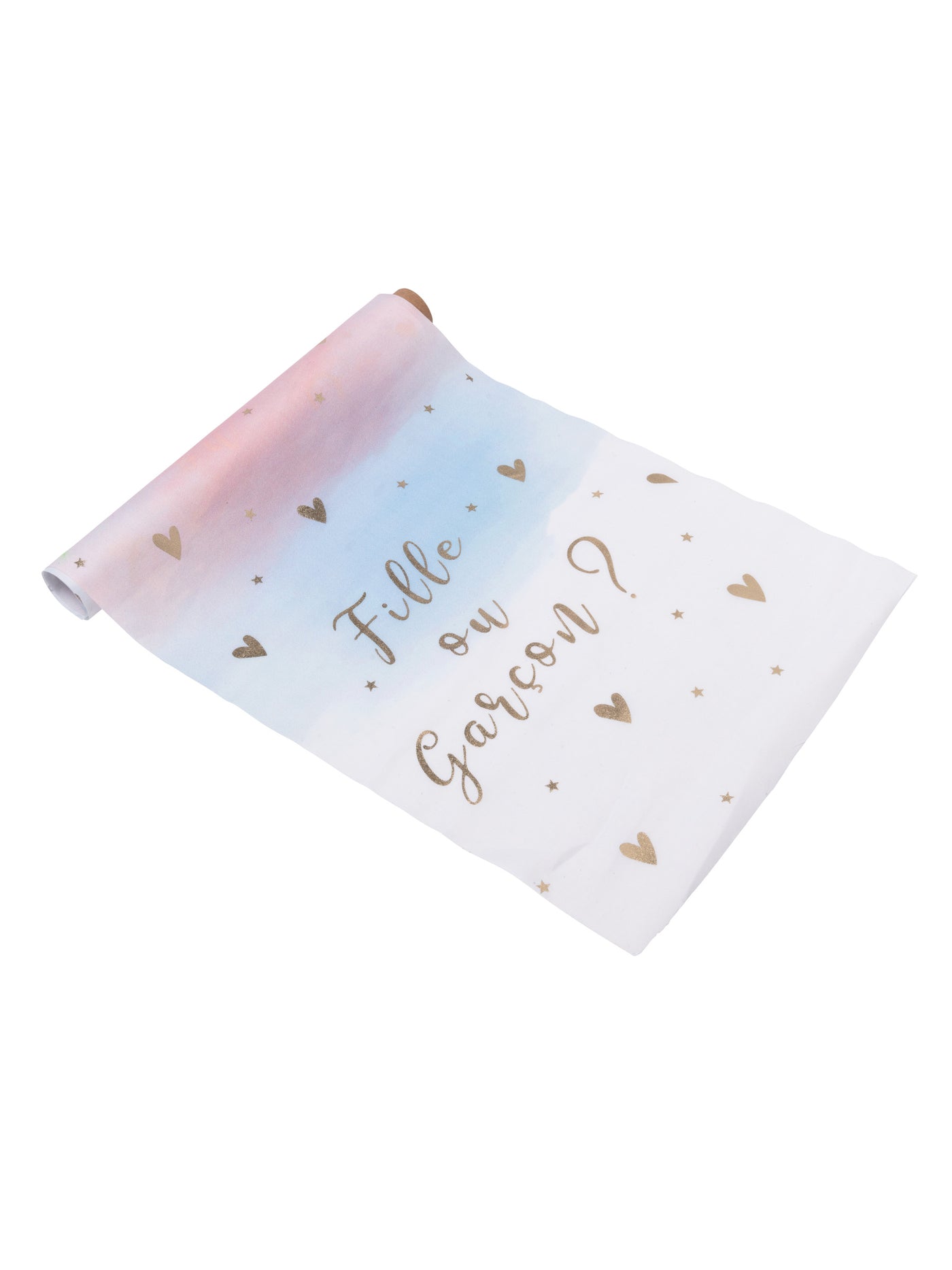 Chemin de table en tissu fille ou garçon rose bleu et or 28 cm x 5 m baby shower