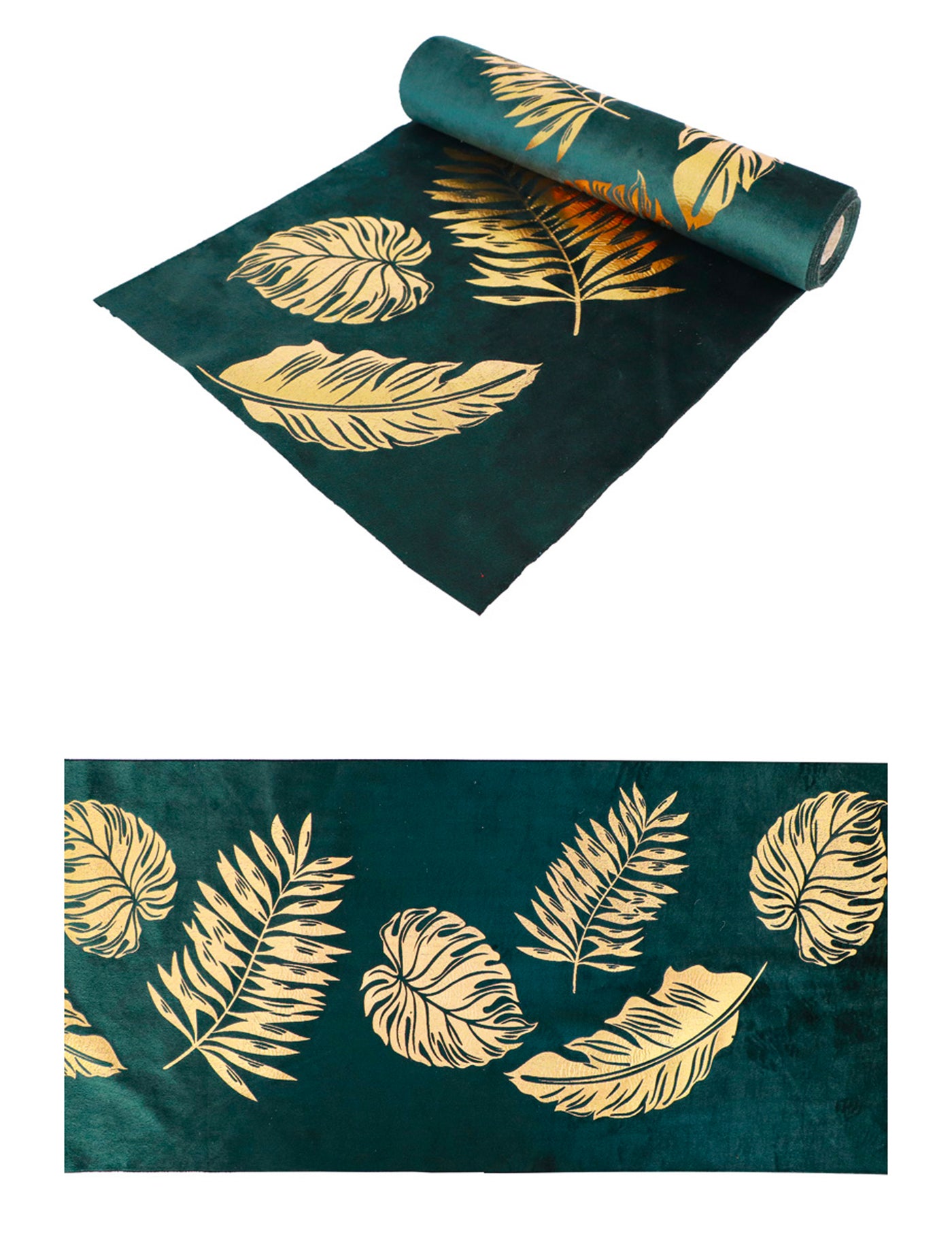 Chemin de table en velours vert feuilles dorées 28 cm x 3 m tropical chic