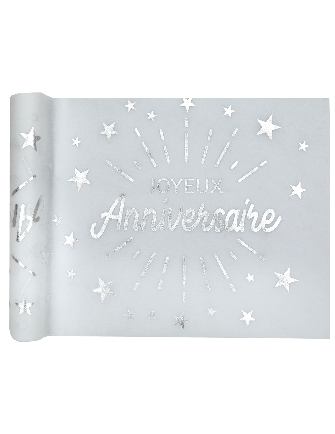 Chemin de table intissé anniversaire blanc et argent étoiles 5m x 30 cm