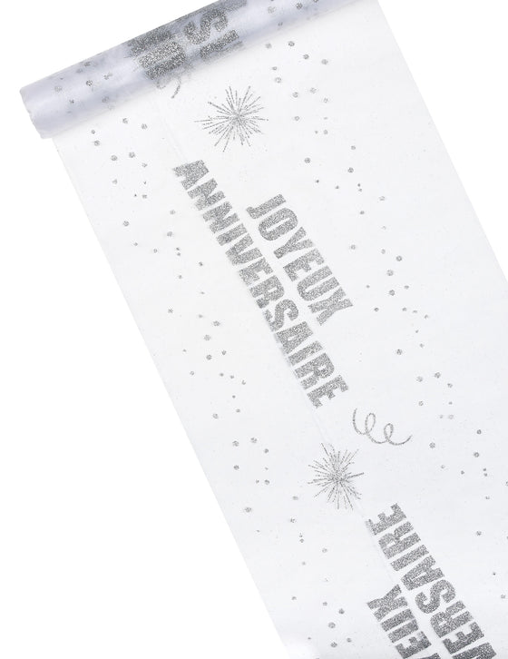 Chemin de table organza joyeux anniversaire argent pailleté 29 cm x 5 m