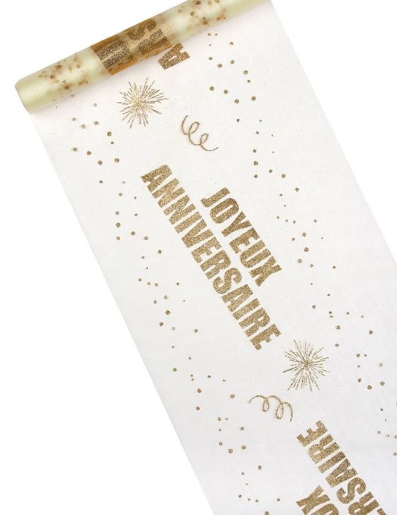 Chemin de table organza joyeux anniversaire doré 29 cm x 5 m pailleté