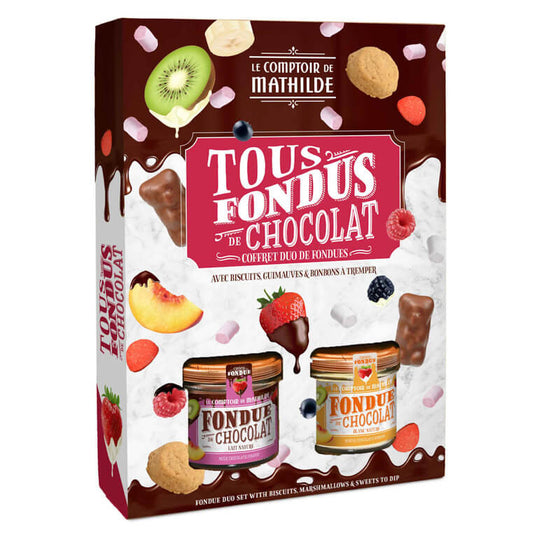 Coffret Kit Fondue Chocolats Lait et Blanc & Guimauves, Biscuits et Bonbons - 390g