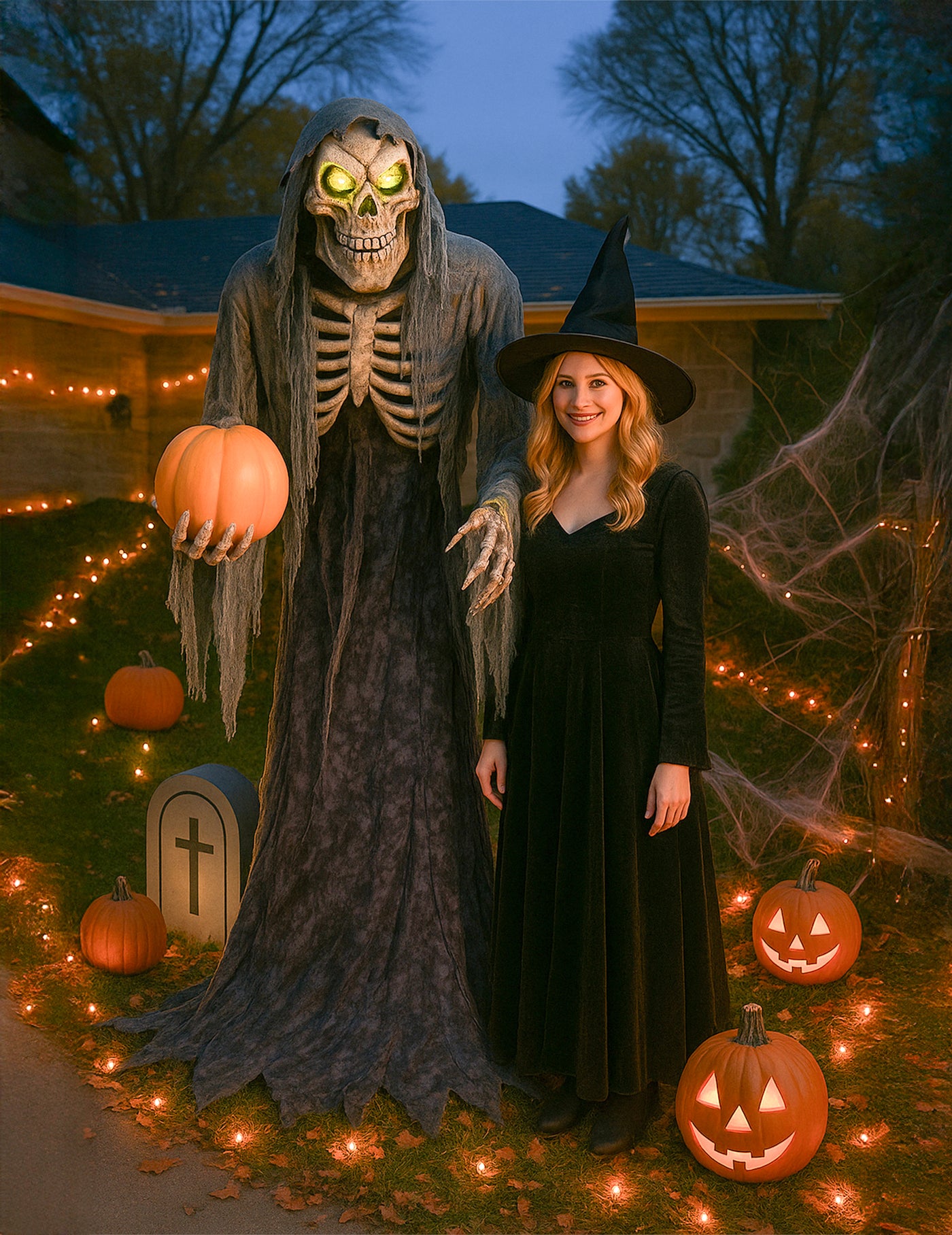 Décoration Animée Faucheur Squelette Avec Citrouille 210 cm
