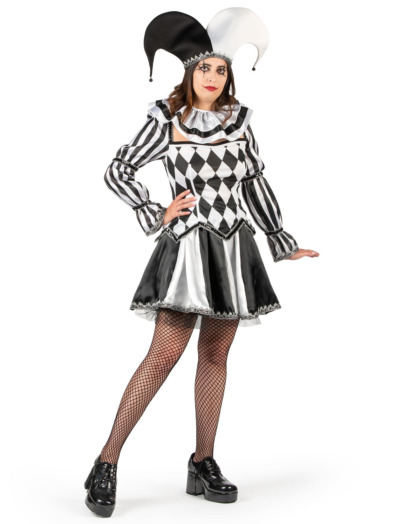 Déguisement bouffon diabolique noir et blanc luxe femme