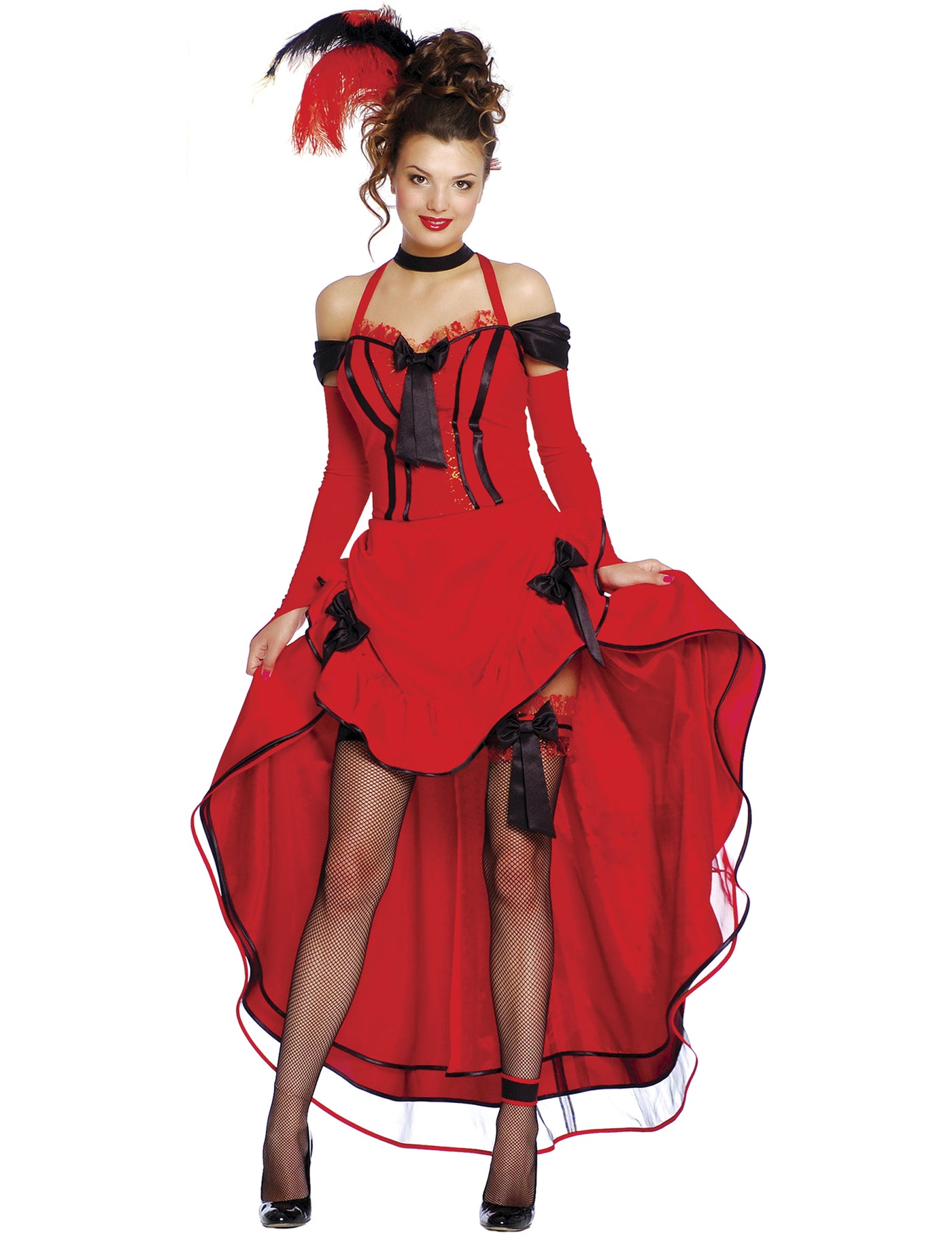Déguisement cancan rouge avec noeuds noirs femme