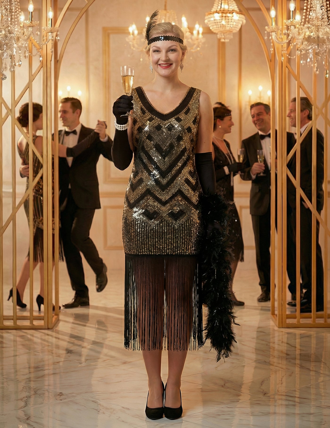 Déguisement Charleston noir et doré à sequins luxe femme