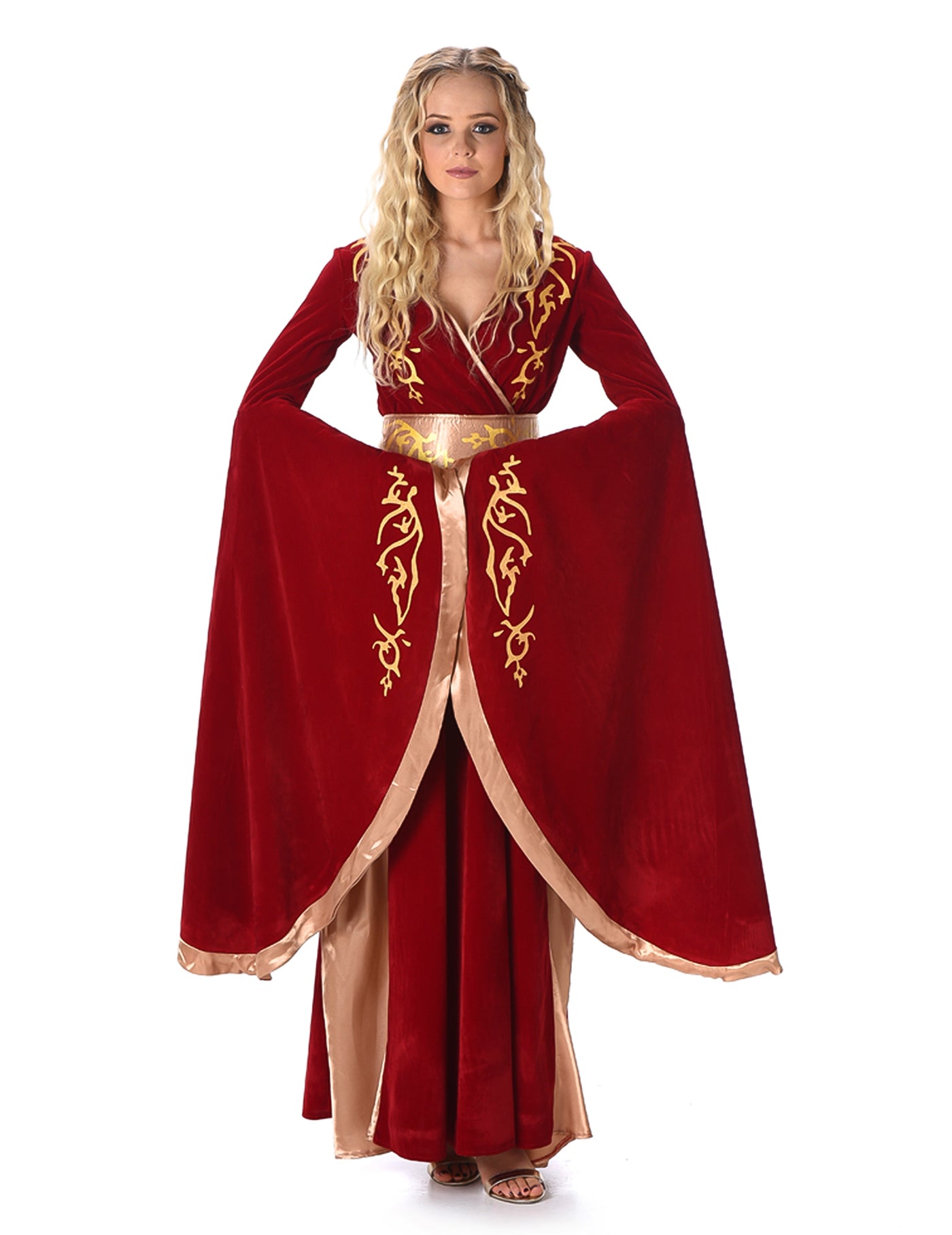 Déguisement reine médiévale rouge et or femme