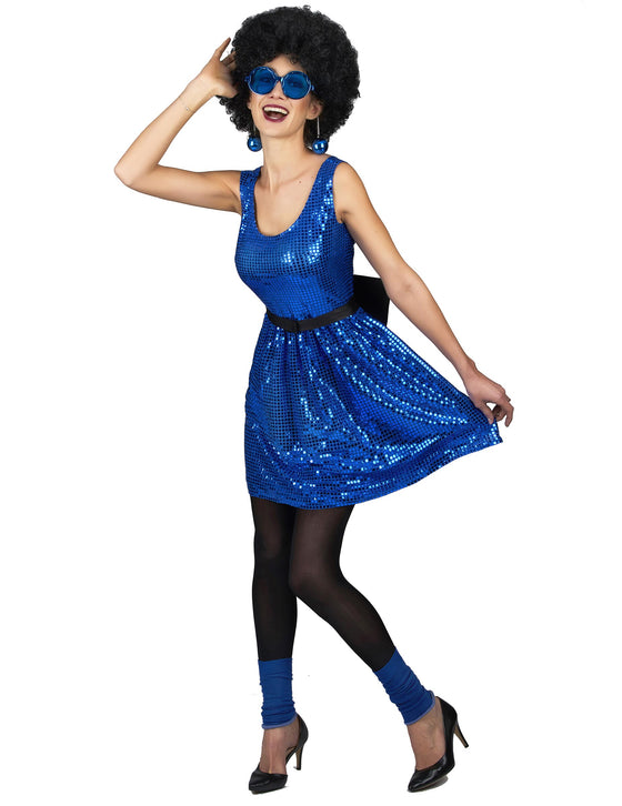 Déguisement robe disco bleue paillette avec gros noeud femme