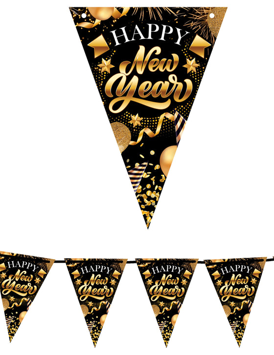 Guirlande à fanions en carton Happy New Year noir et or 3m