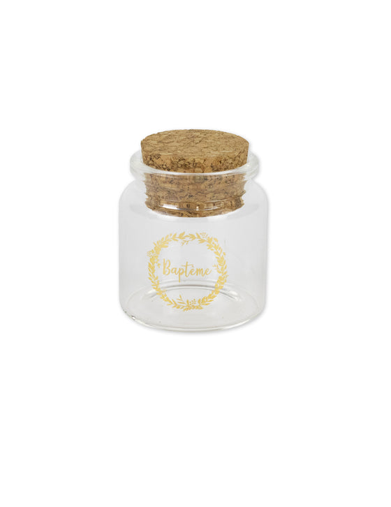Fiole en verre baptême couronne or 4,5 x 5,5 cm avec bouchon liège