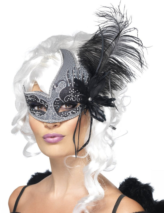 Loup vénitien ange noir avec grande plume noir adulte