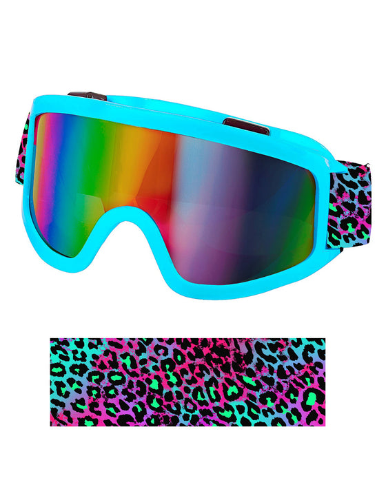 Lunettes de ski bleues avec bandeau léopard coloré